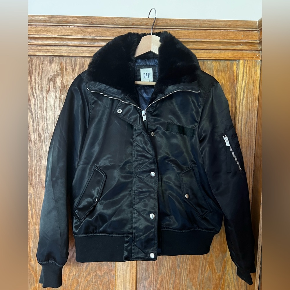 Gap Bomber Jacket Black Faux Fur Collar Medium